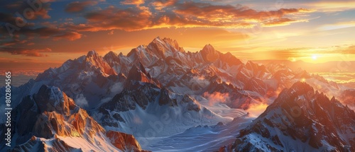 A beautiful landscape of snow-capped mountains at sunset