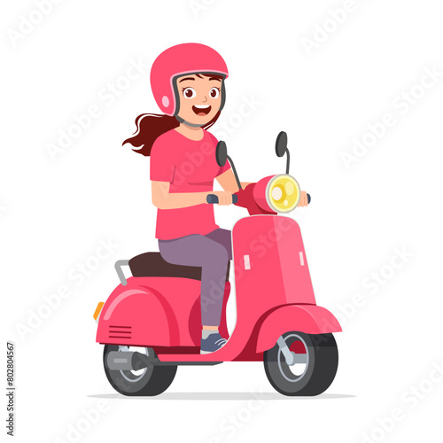 young woman riding scooter and feel happy