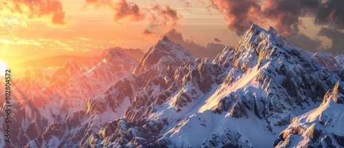 A mountain range covered in snow and ice. The sun is setting behind the mountains, casting a warm glow over the scene.
