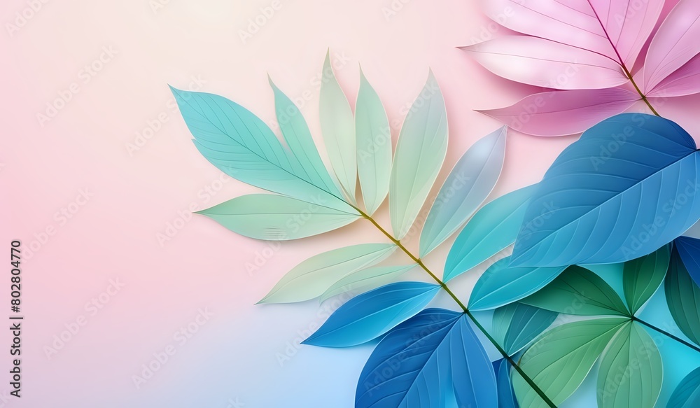 Multicolored leaves stacked in the lower right corner of an isolated pastel gradient background