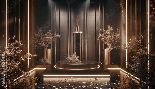 3D rendering of a luxury stage with a golden podium and white plants. The stage is surrounded by dark marble walls and lit by spotlights. photo