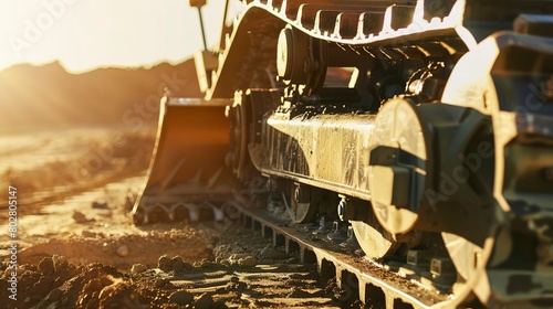 Trencher machine at work, detailed view of the digging chain, afternoon light, close-up, side angle photo