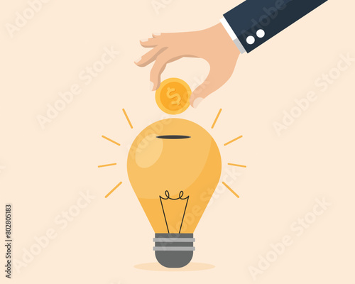 businessman or investor putting coin in bulb investment in startup idea financing innovation vector illustration