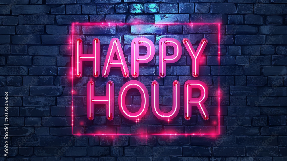 Glowing 'HAPPY HOUR' Neon Sign on Dark Brick Background Glowing 'HAPPY HOUR' Neon Sign on Dark Brick Background