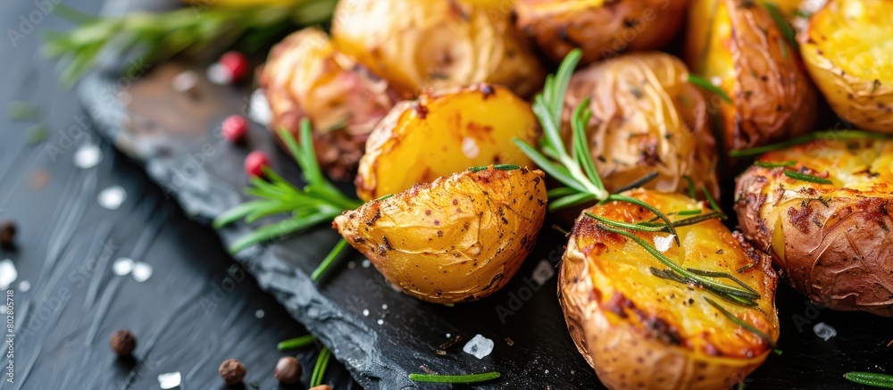 Close-up of delectable baked potatoes seasoned with rosemary on a slate platter
