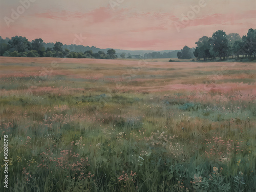 Serene meadow with wildflowers and trees. A peaceful meadow with tall, swaying grass and a line of trees in the distance