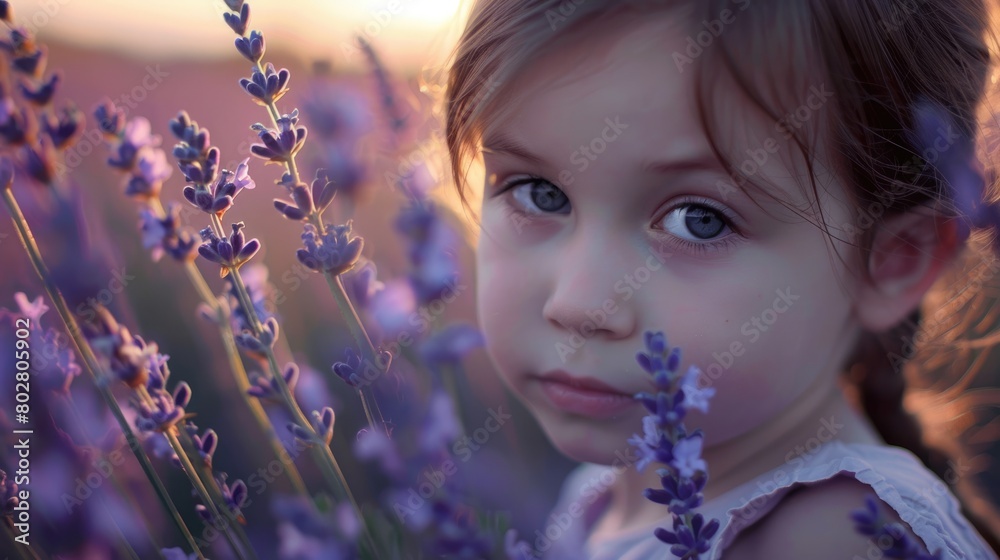 Obraz premium A young girl with electric blue eyelashes is gently smelling violet flowers in a field, surrounded by the sweet music of nature. Each petal tickles her jaw as she takes in the serene event AIG50