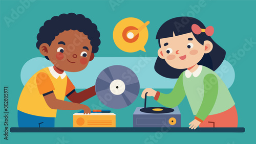 In a science experiment children use vinyl records as their testing material to see how sound can be manipulated and changed. Vector illustration