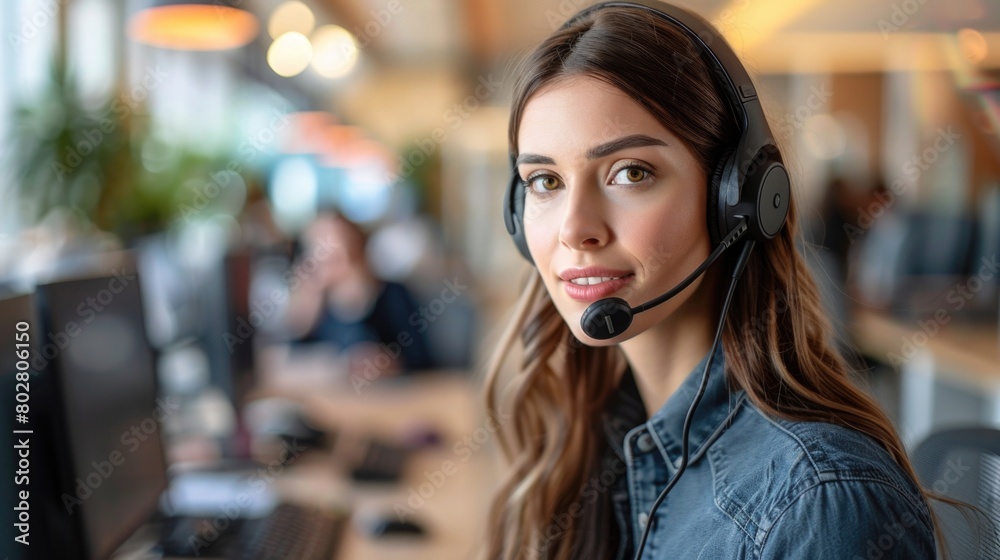 Female customer support operator with headset and smiling