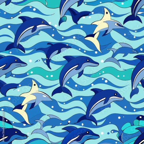 Seamless pattern of playful dolphins leaping through ocean waves  Generative AI