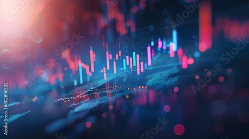 Closeup financial chart with uptrend line candlestick graph in stock market on blue color monitor