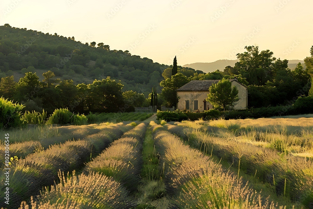 A quintessential Provence landscape a field of lavender stretching towards a quaint farmhouse bathed in the warm glow of a picturesque sunset, evoking a sense of tranquility.