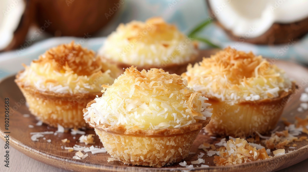 Rustic wooden table setting with traditional jamaican coconut tartlets, topped with shredded coconut for a delicious homemade dessert Rustic wooden table setting with traditional jamaican coconut tartlets, topped with shredded coconut for a delicious homemade dessert