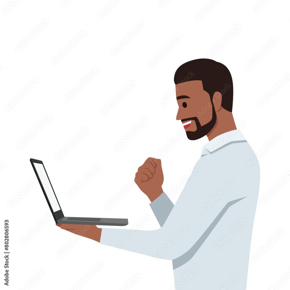 Young black man holding laptop and raising his arms to celebrate success or achievement. Flat vector illustration isolated on white background Young black man holding laptop and raising his arms to celebrate success or achievement. Flat vector illustration isolated on white background