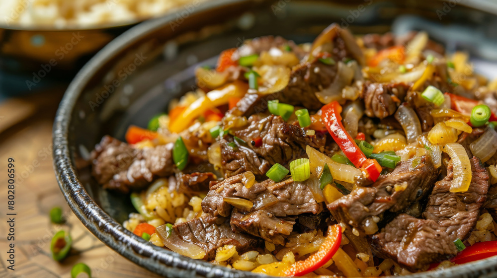 Authentic jamaican beef stir fry with bell peppers, onions, and scallions, served on a traditional skillet, capturing the flavors of the caribbean Authentic jamaican beef stir fry with bell peppers, onions, and scallions, served on a traditional skillet, capturing the flavors of the caribbean