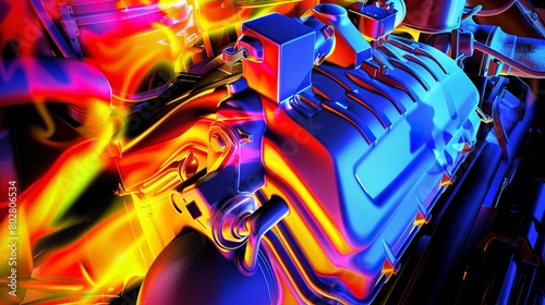 Thermal imaging of a running engine, vivid heat map, close-up, detailed analysis, indoor setting 
