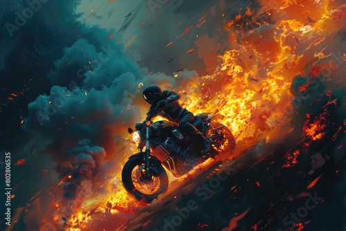 A person riding a motorcycle on a fire trail. Suitable for outdoor adventure concepts © Ева Поликарпова