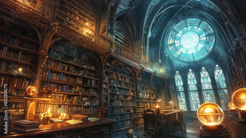 An ancient library filled with magical books  glowing orbs  and mystical artifacts. Shelves reach up to a high  vaulted ceiling  with soft light filtering through stained glass windows. Resplendent.