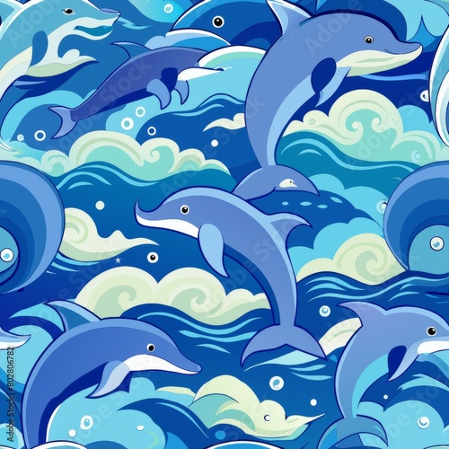 Seamless pattern of playful dolphins leaping through ocean waves, Generative AI