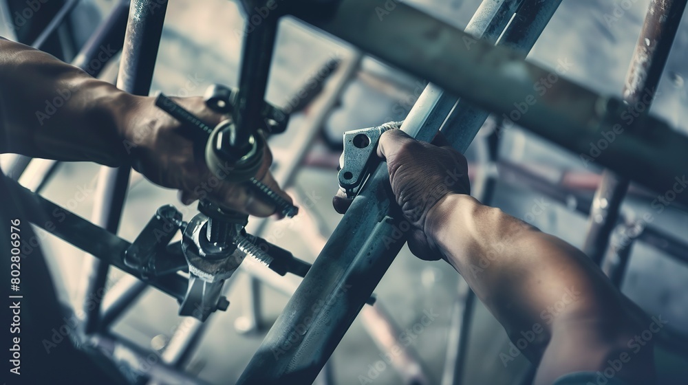 Fototapeta premium Worker tightening bolts on a metal frame, close-up, sharp focus on tools and hands 