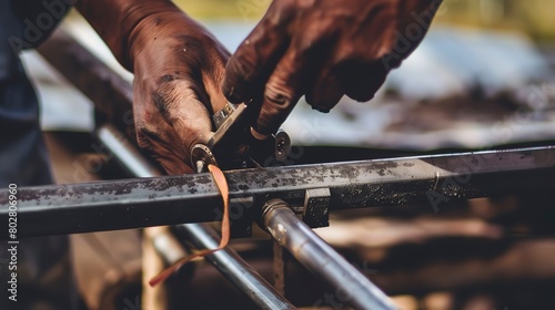 Worker tightening bolts on a metal frame, close-up, sharp focus on tools and hands  photo