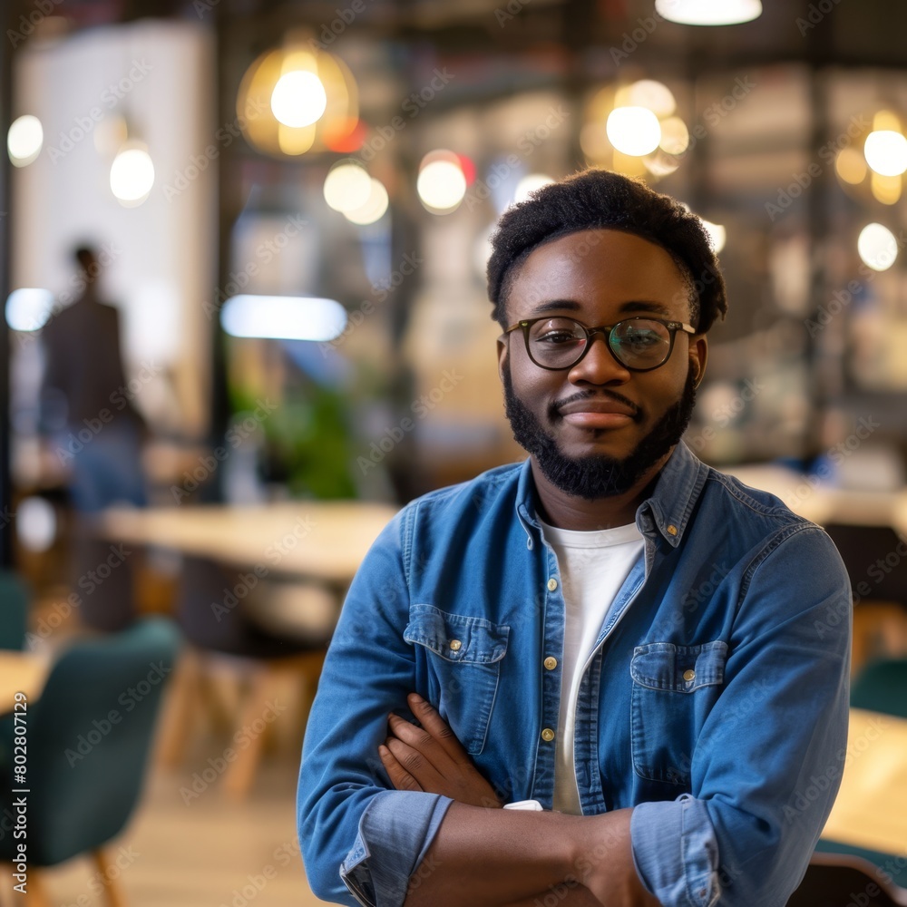 Fototapeta premium A young Black entrepreneur in a startup office, tech devices and collaborative spaces blurred in the background.