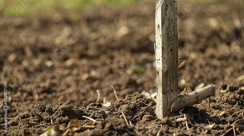 Close-up of a land plot marker in soil, clear, detailed stake, natural background 