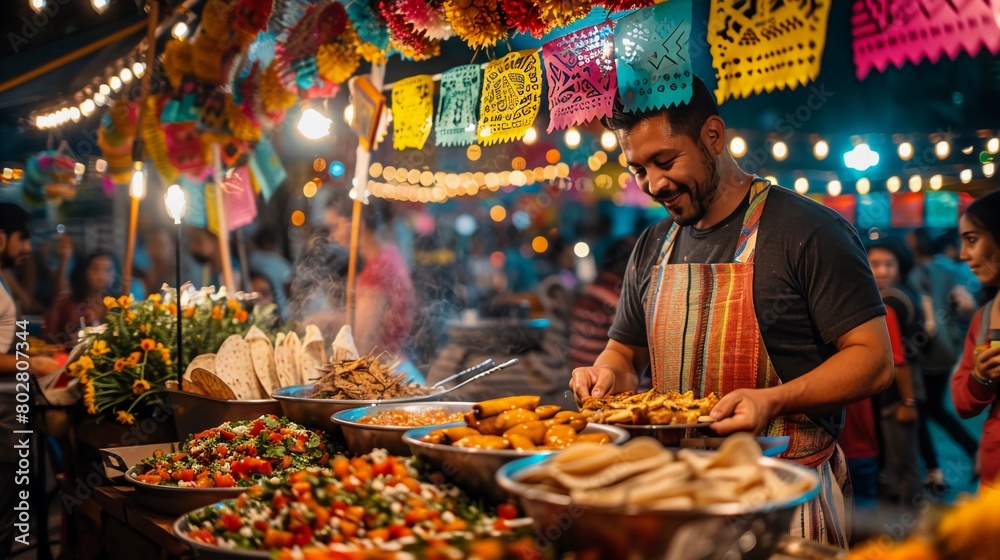 Smiling Street Food Vendor Preparing Mexican Cuisine, Vibrant Night Food Market Decorated With Papel Picado, Cinco de Mayo Celebration, AI Generated