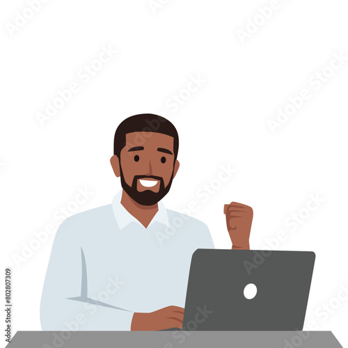 Young black man success laptop relieve work from home computer. Flat vector illustration isolated on white background