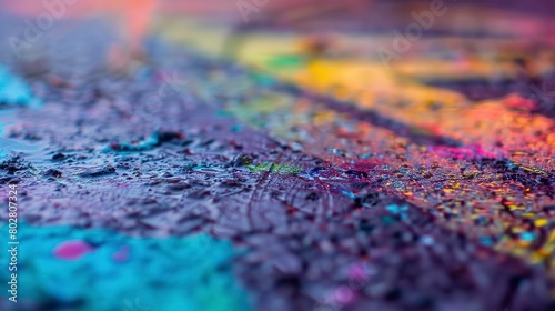 Close-up on marking spray paint on ground, vibrant color, clear text, detailed