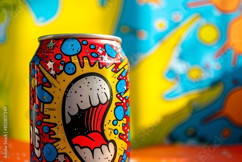 A retro soda can with a pop art design and fizz effect photo