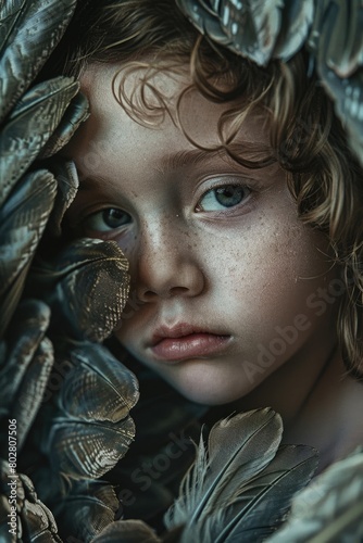 Portrait of a young girl with freckles wearing a feather headband. Suitable for beauty and fashion concepts photo