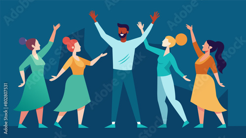 The dancers use their hands to gesture towards the audience as if inviting them to join in the manipulation dance and become part of the performance.