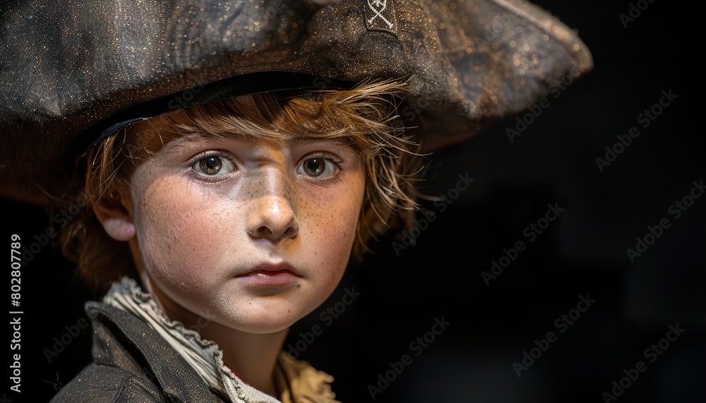 Portrait of young boy wearing pirate costume performing on stage in spotlight Portrait of young boy wearing pirate costume performing on stage in spotlight