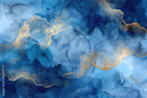Abstract painting with blue and gold tones, perfect for modern interior decor