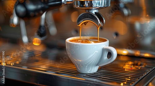Coffee brewed in a professional coffee maker is poured into a glass.
