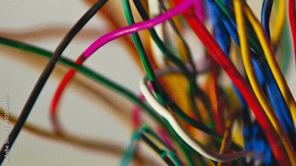 Electrical wiring in a wall, close-up, colorful wires, clear focus on connections 