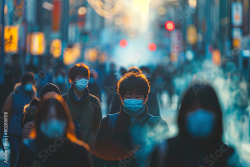 A large number of Asian people walking wearing masks. The concept of social responsibility about others