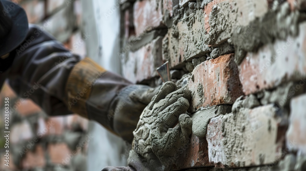 Close-up of a mason repairing old brickwork, detailed mortar application, clear focus