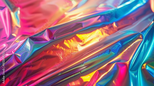 Vibrant surface of crumpled holographic material with a shiny  Foil Texture.