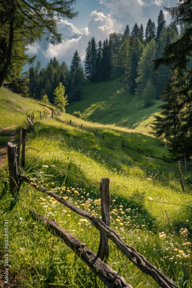 A wooden fence standing in a grassy field. Suitable for nature and rural themes