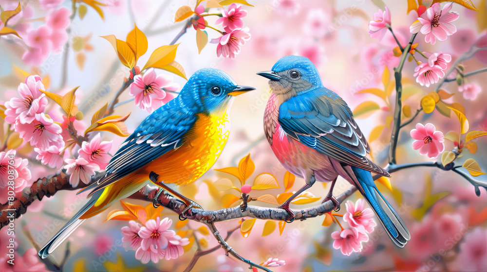 Colored cute birds on a blossoming sakura branch