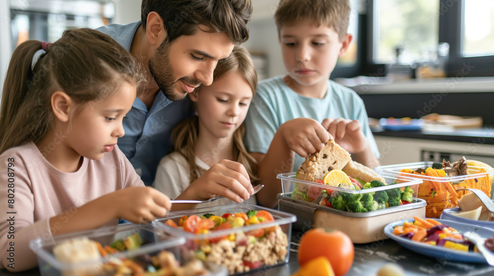 Parents labeling each lunchbox with their children's names, ensuring that everyone gets the right meal. Compassion and care, responsibility, respect, teamwork