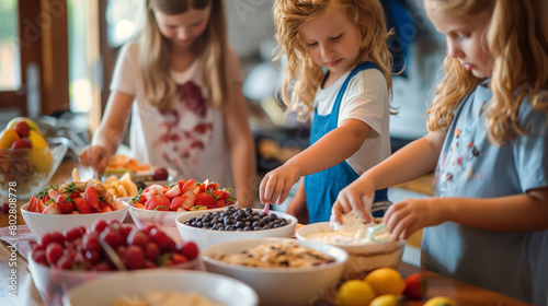 Siblings setting up a DIY yogurt parfait station, with bowls of granola, fruit, and yogurt for everyone to customize their breakfast. Compassion and care, responsibility, respect, photo