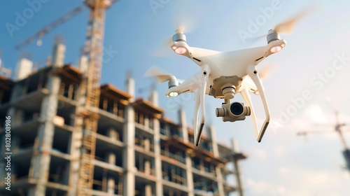 Close-up of a construction drone in flight over a site, detailed camera and controls, clear sky photo