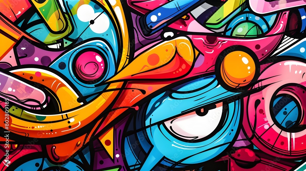 Dynamic and Vibrant Graffiti Inspired Mural with Bold Shapes and Colors