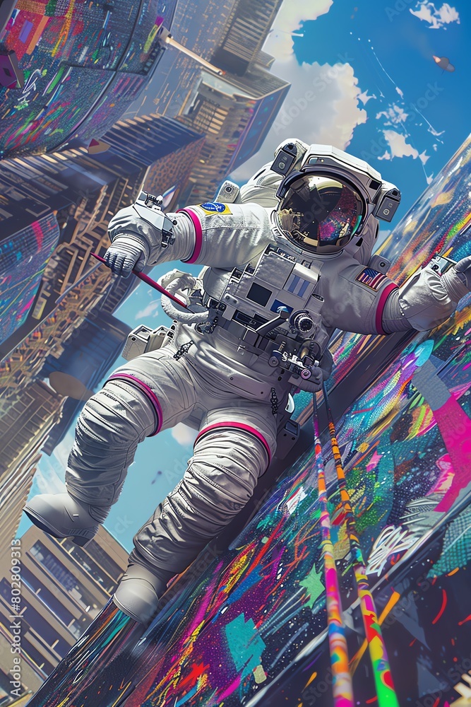 Infuse the essence of Street Art into the realm of Space Exploration with a photorealistic digital illustration from a tilted view Show an astronaut painting colorful murals on a spaceship amidst skys