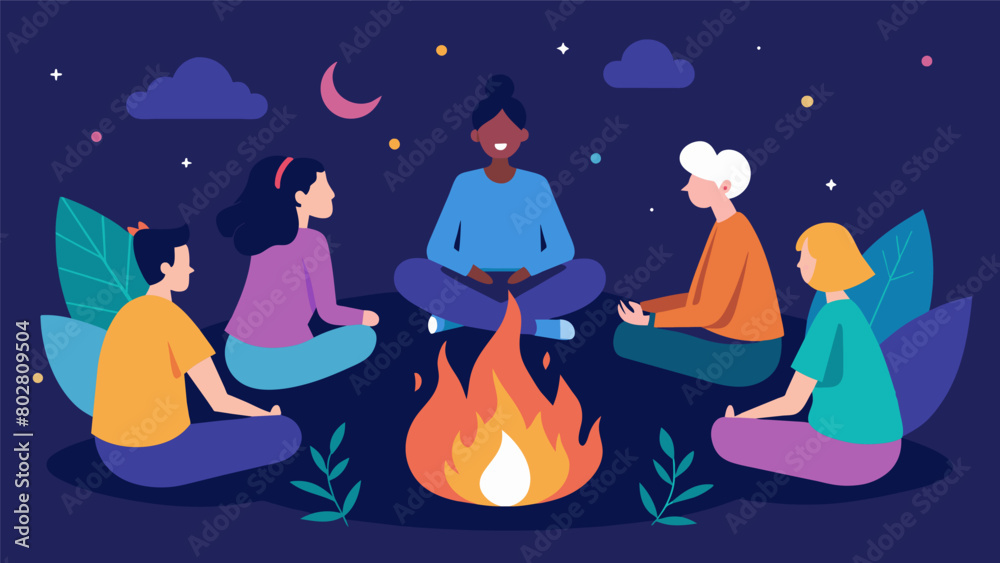 An individual sitting around a bonfire with friends sharing personal stories and finding comfort and healing in the power of community and connection.. An individual sitting around a bonfire with friends sharing personal stories and finding comfort and healing in the power of community and connection..