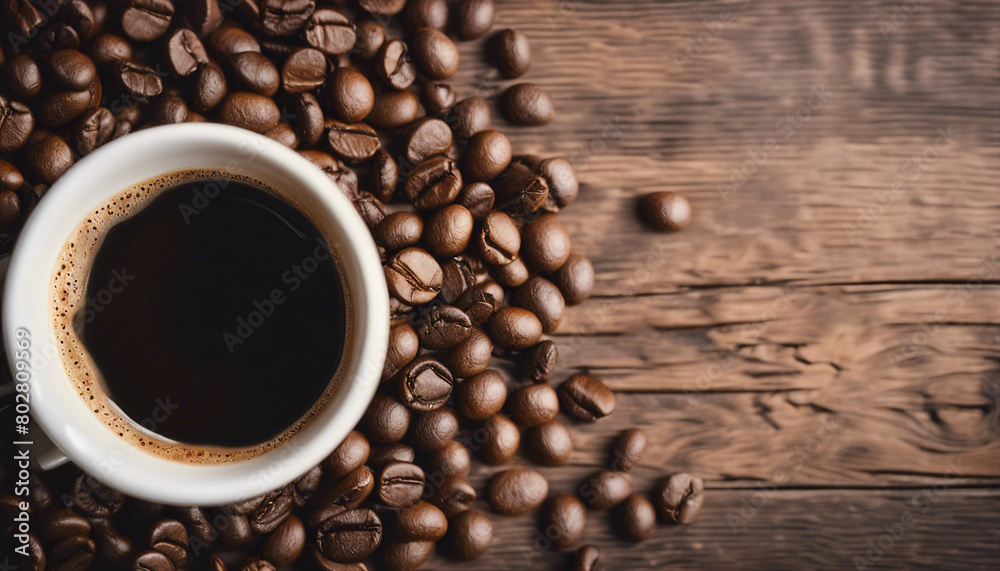 Espresso and coffee beans on wooden background, copy space for text, top view
Espresso and coffee beans on wooden background, copy space for text, top view