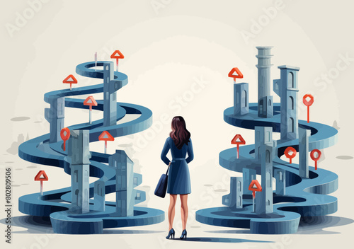 Confused Businesswoman Choosing Career Path: Opportunity Challenge, Tough Decision-Making, Path to Success or Problem-Solving - Minimalist Vector Illustration